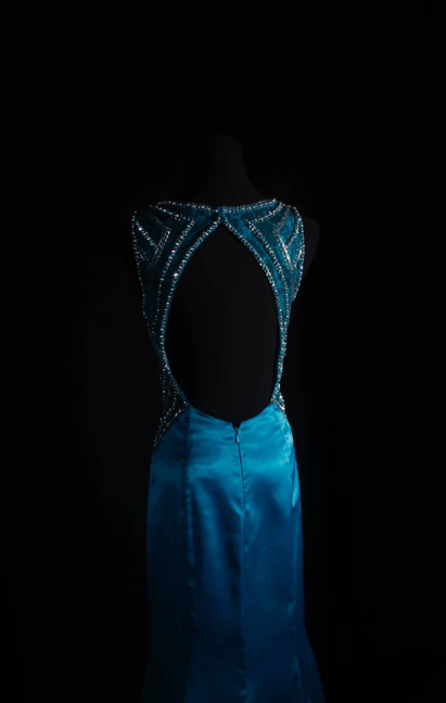 Classic Mermaid Jewel Neckline Silver Beads Sequins Blue Satin Backless Long Prom Dress Inspiration Party Senior Dance Prom Dresses AU541
