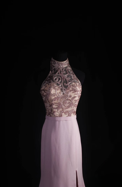 Classic Mermaid High Neckline Beads Pink Chiffon Long Prom Dress Inspiration Party Senior Dance Prom Dresses AU542
