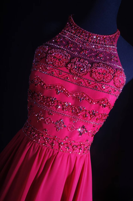 Vintage A line Halter Pink Chiffon Beads Long Prom Dresses Party Dress Princess Graduation Outfits For Women AU545