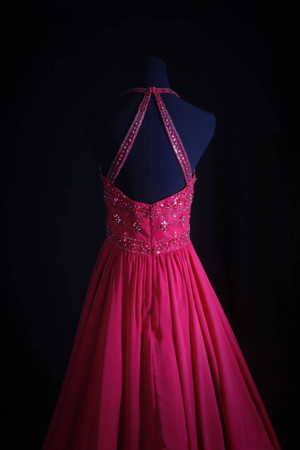 Vintage A line Halter Pink Chiffon Beads Long Prom Dresses Party Dress Princess Graduation Outfits For Women AU545