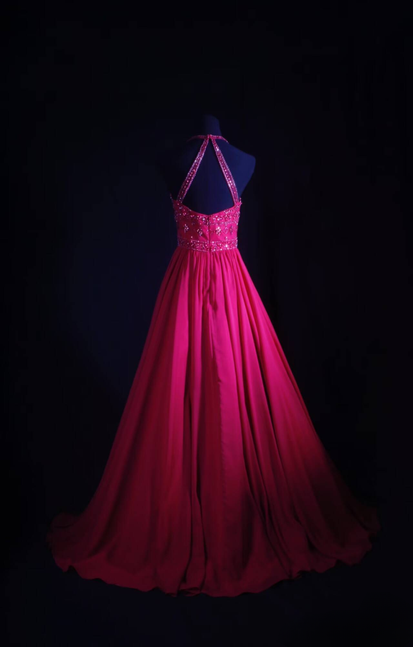 Vintage A line Halter Pink Chiffon Beads Long Prom Dresses Party Dress Princess Graduation Outfits For Women AU545