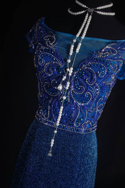 Vintage Prom Dresses 1950s Retro Classy Mermaid Bateau Sequin Royal Blue Prom Dress Party Dress Graduation Dress AU546