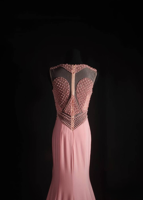 Vintage Mermaid Scoop Neck Pink Chiffon Beads Long Prom Dresses Party Dress Princess Graduation Outfits For Women AU547