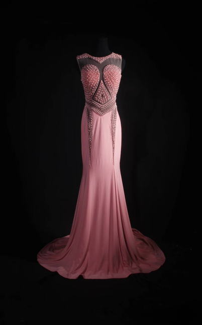 Vintage Mermaid Scoop Neck Pink Chiffon Beads Long Prom Dresses Party Dress Princess Graduation Outfits For Women AU547
