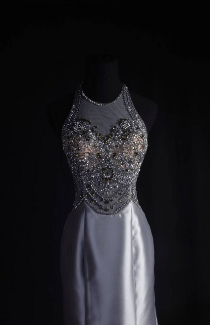 Vintage Mermaid Scoop Neck Gray Silver Beads Long Prom Dresses Party Dress Princess Graduation Outfits For Women AU548