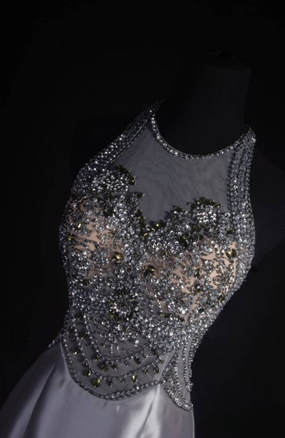 Vintage Mermaid Scoop Neck Gray Silver Beads Long Prom Dresses Party Dress Princess Graduation Outfits For Women AU548