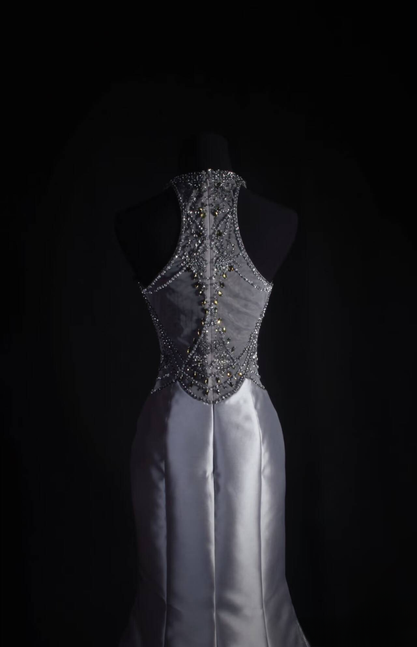 Vintage Mermaid Scoop Neck Gray Silver Beads Long Prom Dresses Party Dress Princess Graduation Outfits For Women AU548