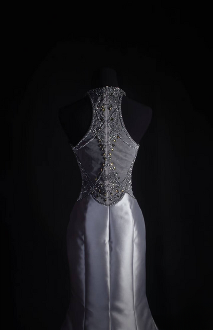 Vintage Mermaid Scoop Neck Gray Silver Beads Long Prom Dresses Party Dress Princess Graduation Outfits For Women AU548