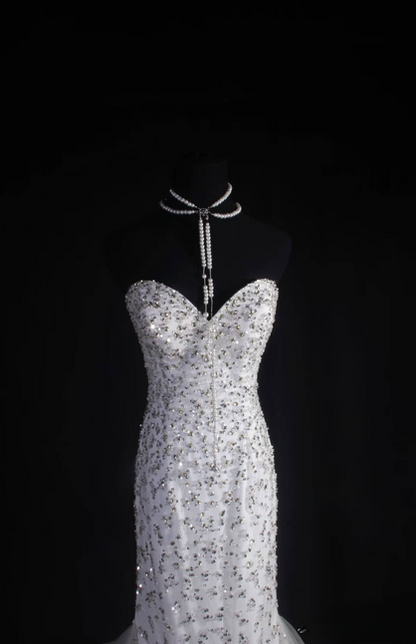 Vintage Mermaid Sweetheart White Tulle Silver Beads Long Prom Dresses Party Dress Princess Graduation Outfits For Women AU549