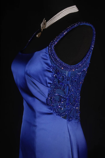 Vintage Mermaid Square Neck Royal Blue Beads Satin Long Prom Dresses Party Dress Princess Graduation Outfits For Women AU551