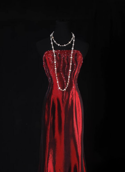 Classic Mermaid Strapless Beads Red Satin Long Prom Dress Inspiration Party Senior Dance Graduation Dresses AU553