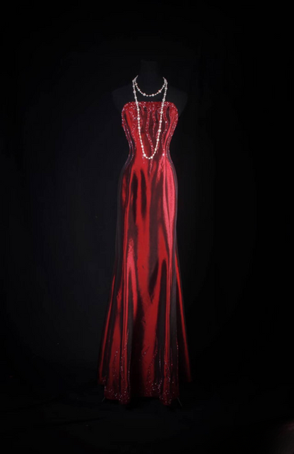 Classic Mermaid Strapless Beads Red Satin Long Prom Dress Inspiration Party Senior Dance Graduation Dresses AU553