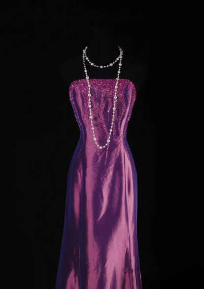 Vintage Prom Dresses 90s Purple Mermaid Strapless Beads Satin Long Party Dress Inspiration Senior Dance Graduation Dresses AU554