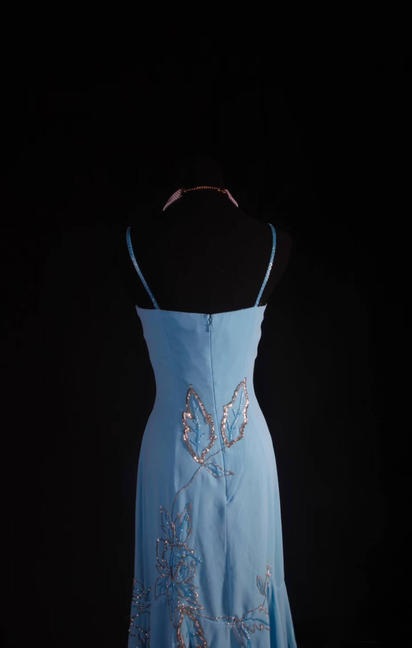 Vintage Mermaid Spaghetti Straps Blue Beads Chiffon Long Prom Dresses Party Dress Princess Graduation Outfits For Women AU555