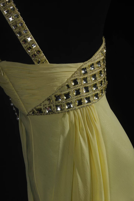Vintage A Line One Shoulder Silver Beads Chiffon Yellow Long Prom Dresses Party Dress Princess Graduation Outfits For Women AU558