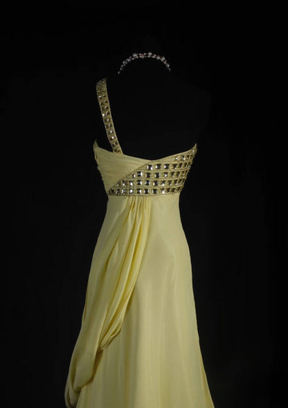 Vintage A Line One Shoulder Silver Beads Chiffon Yellow Long Prom Dresses Party Dress Princess Graduation Outfits For Women AU558