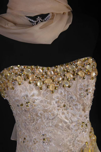 Vintage Prom Dresses 90s Mermaid Sweetheart Lace Gold Beads Long Party Dress Inspiration Senior Dance Graduation Dresses AU560