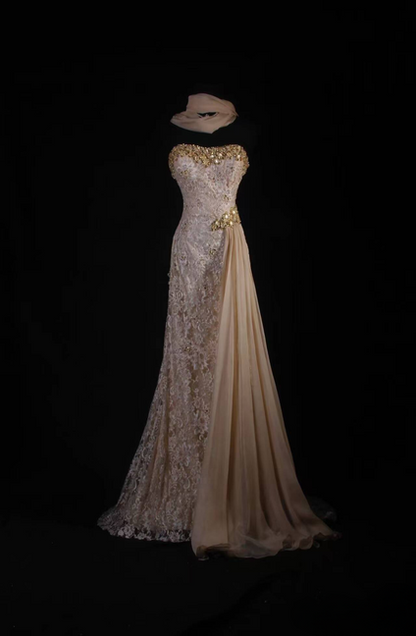 Vintage Prom Dresses 90s Mermaid Sweetheart Lace Gold Beads Long Party Dress Inspiration Senior Dance Graduation Dresses AU560