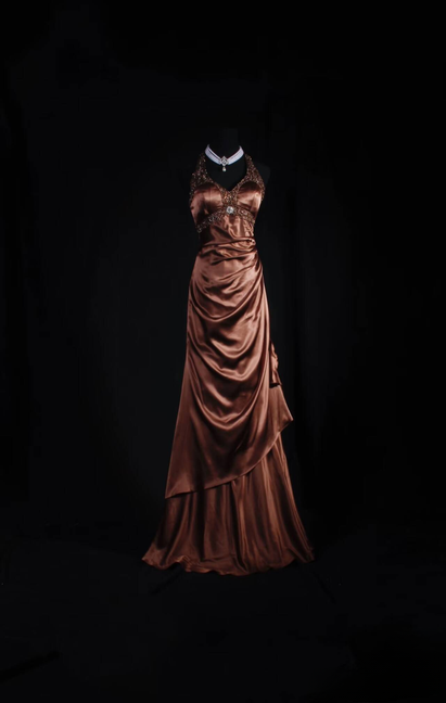 Vintage Prom Dresses 90s A Line Halter Brown Beads Satin Long Party Dress Inspiration Senior Dance Graduation Dresses AU561