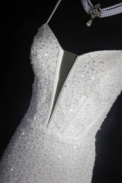 Vintage Prom Dresses 90s Mermaid Spaghetti Straps White Sequin Long Party Dress Inspiration Senior Dance Graduation Dresses AU568