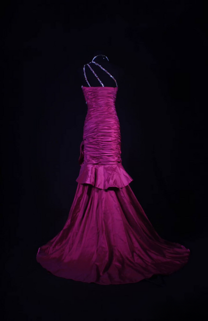 Retro Mermaid One Shoulder Silver Beads Grape Satin Long Prom Dresses Party Dress Princess Graduation Outfits For Women AU573
