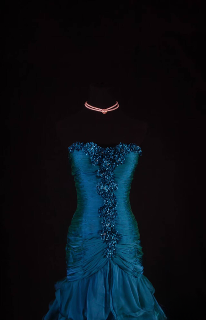 Retro Mermaid Sweetheart Blue Chiffon Beads Long Prom Dresses Party Dress Graduation Outfits For Women AU576