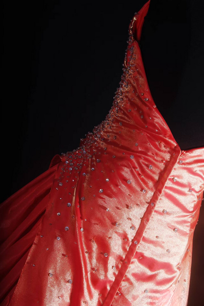Retro Ball Gown Halter Satin Beads Long Prom Dresses Party Dress Graduation Outfits For Women AU584