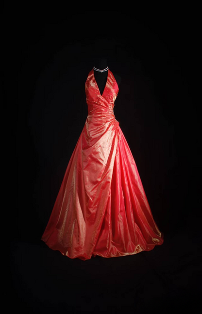 Retro Ball Gown Halter Satin Beads Long Prom Dresses Party Dress Graduation Outfits For Women AU584