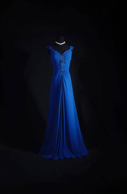 Vintage Prom Dresses 90s A Line V Neck Royal Blue Chiffon Long Party Dress Inspiration Senior Dance Graduation Dresses AU586