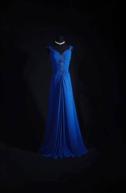 Vintage Prom Dresses 90s A Line V Neck Royal Blue Chiffon Long Party Dress Inspiration Senior Dance Graduation Dresses AU586
