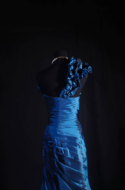Vintage Prom Dresses 90s Mermaid One Shoulder Royal Blue Taffeta Long Party Dress Inspiration Senior Dance Graduation Dresses AU587