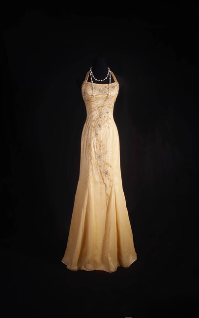 Vintage Prom Dresses 1950s Retro Classy Mermaid Halter Satin Yellow Long Party Dress Graduation Outfit For Women AU592
