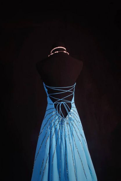 Vintage Prom Dresses 1950s Retro Classy A Line Strapless Chiffon Blue Backless Long Party Dress Graduation Outfit For Women AU595