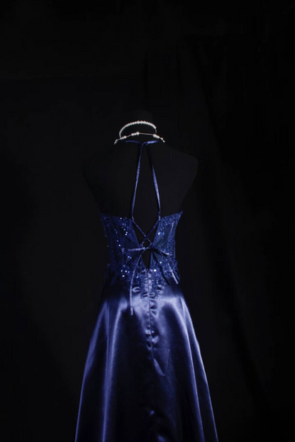 Vintage Prom Dresses 1950s Retro Classy A Line Halter Navy Blue Satin Lace Long Party Dress Graduation Outfit For Women AU597
