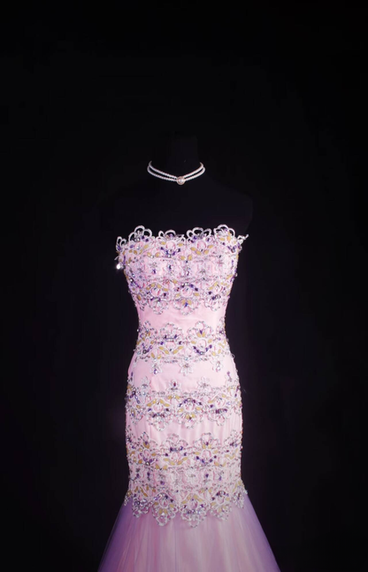 Retro Mermaid Strapless Sleeveless Lilac Tulle Beads Lace Long Prom Dresses Party Dress Graduation Outfits For Women AU600