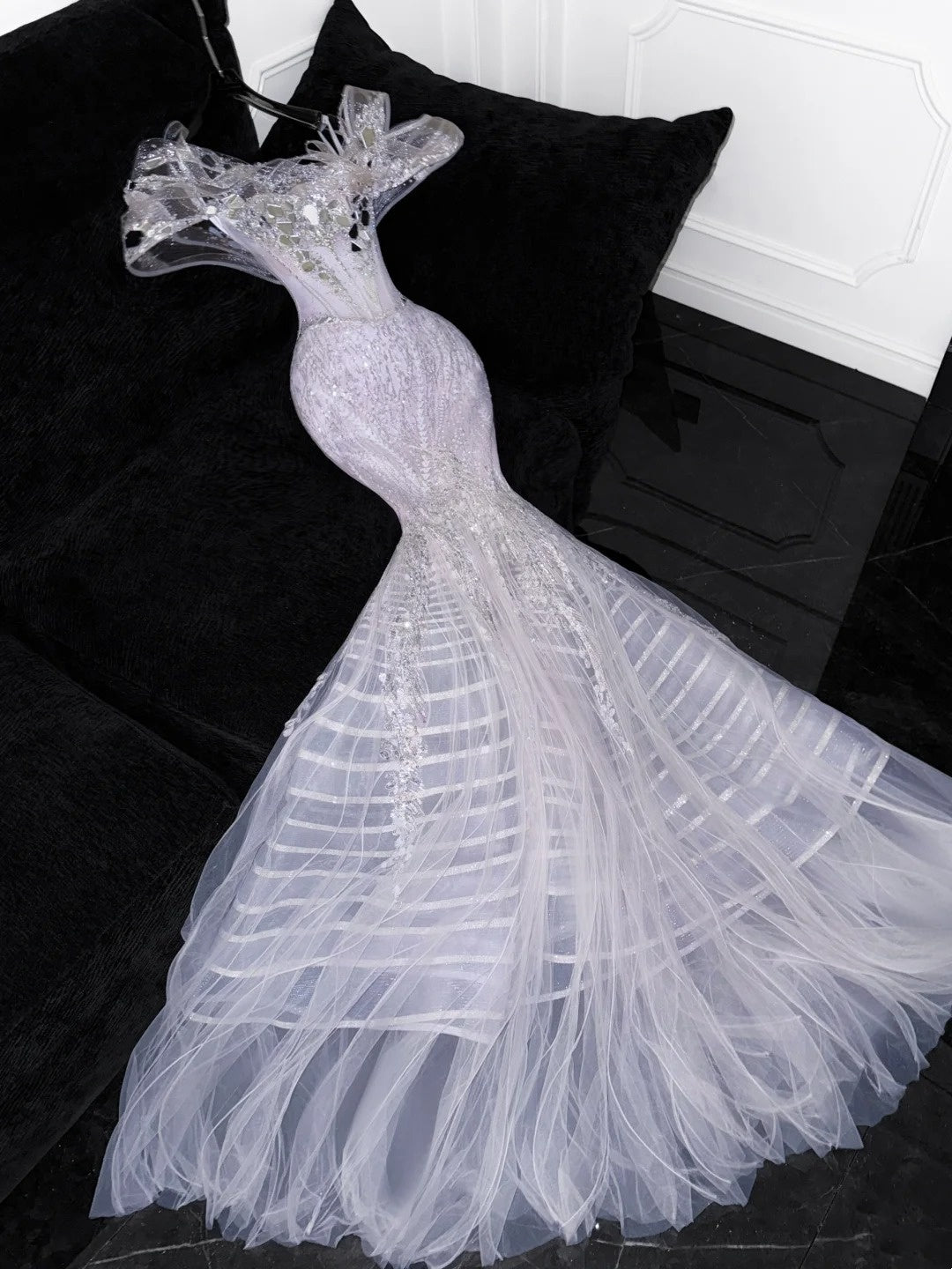 Luxury Mermaid Off The Shoulder Lilac Silver Sequins Beaded Fitted Wedding Dress Bride Gowns Wedding Dresses AU607