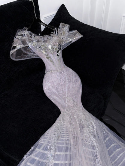 Luxury Mermaid Off The Shoulder Lilac Silver Sequins Beaded Fitted Wedding Dress Bride Gowns Wedding Dresses AU607