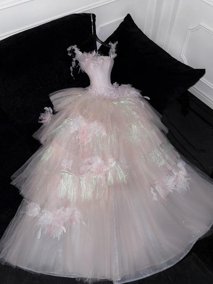 Modest Prom Dresses Ball Gown Strap With Flowers Tulle Vintage Fashion Long Prom Dresses Party Gowns AU609