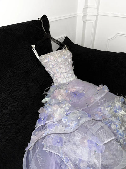 Modest Prom Dresses Ball Gown Strapless With Flowers Tulle Lilac Fashion Long Prom Dresses Party Gowns AU612