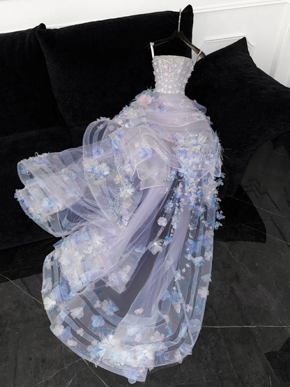 Modest Prom Dresses Ball Gown Strapless With Flowers Tulle Lilac Fashion Long Prom Dresses Party Gowns AU612