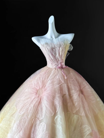 Cute Strapless Ball Gown Pink Floral Tulle Long Quinceanera Dress Quinceanera Dresses Sweet 15 16 Dress AU638