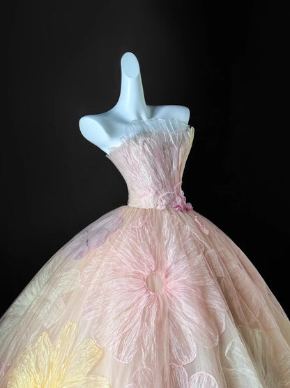 Cute Strapless Ball Gown Pink Floral Tulle Long Quinceanera Dress Quinceanera Dresses Sweet 15 16 Dress AU638