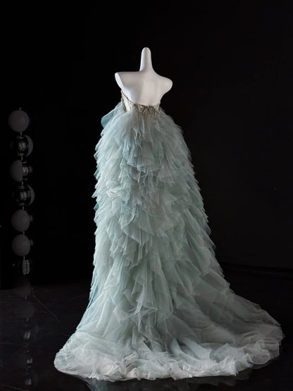 Luxury Mermaid Sweetheart Light Sky Blue Tulle Prom Dresses Long Party Dress 22th Birthday Outfits Graduation Dress AU648