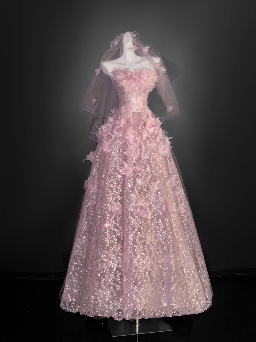 Vintage Ball Gown Strapless Light Pink Tulle Floral Prom Dresses Long Party Dress 18th Birthday Outfit Graduation Dress AU669