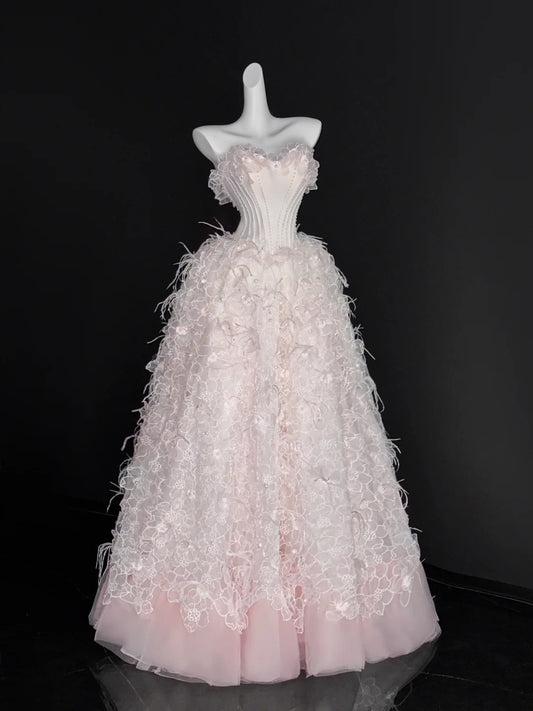 Classy Ball Gown Sweetheart Blush Pink Tulle Lace Prom Dresses Long Party Dress 18th Birthday Outfit Graduation Dress AU675