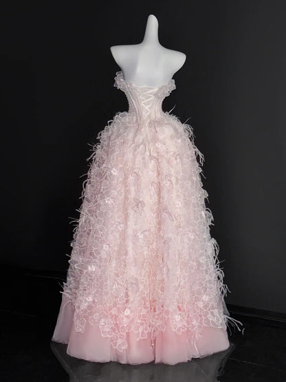 Classy Ball Gown Sweetheart Blush Pink Tulle Lace Prom Dresses Long Party Dress 18th Birthday Outfit Graduation Dress AU675