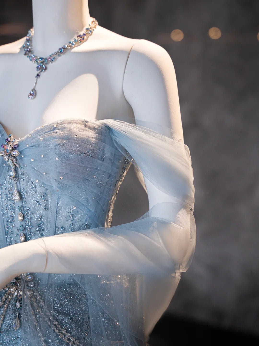 Vintage Mermaid Off The Shoulder Blue Tulle Sequins Prom Dresses Long Party Dress 18th Birthday Outfit Graduation Dress AU710