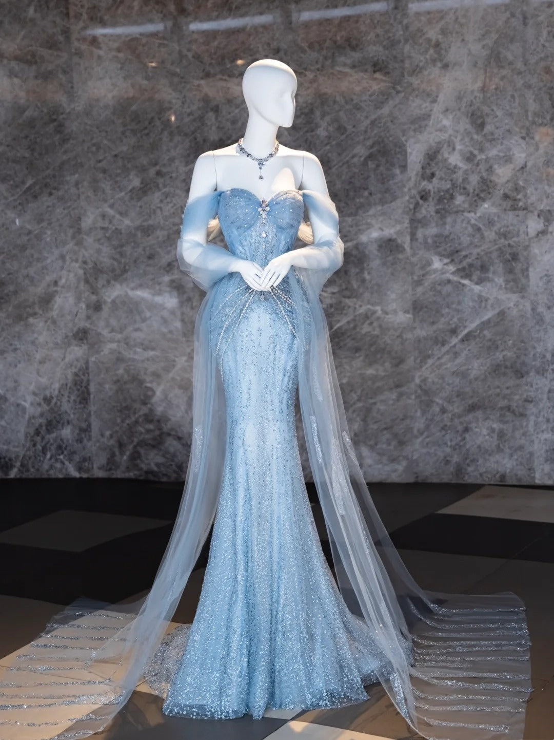 Vintage Mermaid Off The Shoulder Blue Tulle Sequins Prom Dresses Long Party Dress 18th Birthday Outfit Graduation Dress AU710
