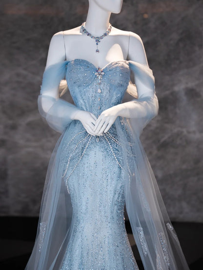 Vintage Mermaid Off The Shoulder Blue Tulle Sequins Prom Dresses Long Party Dress 18th Birthday Outfit Graduation Dress AU710
