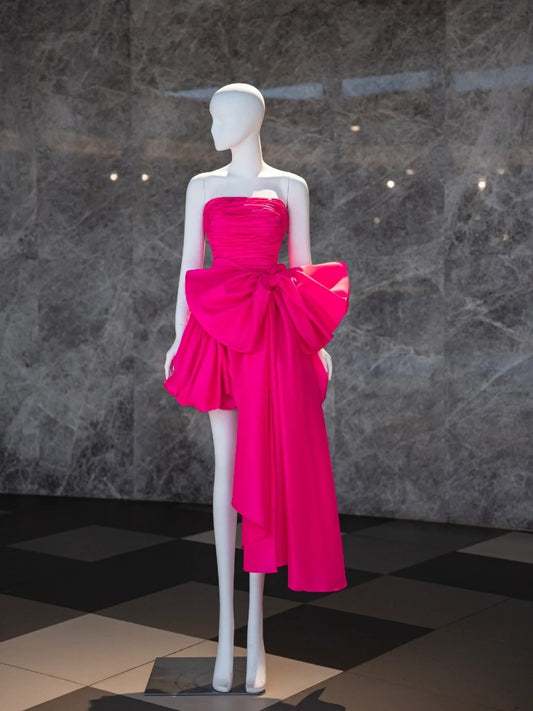 Cute Ball Gown Strapless Hot Pink Satin Short 18th Birthday Dress Homecoming Dresses Cocktail Gown AU753